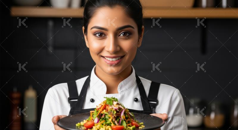 Professional chef smiling, holding a vibrant, healthy, fresh salad.