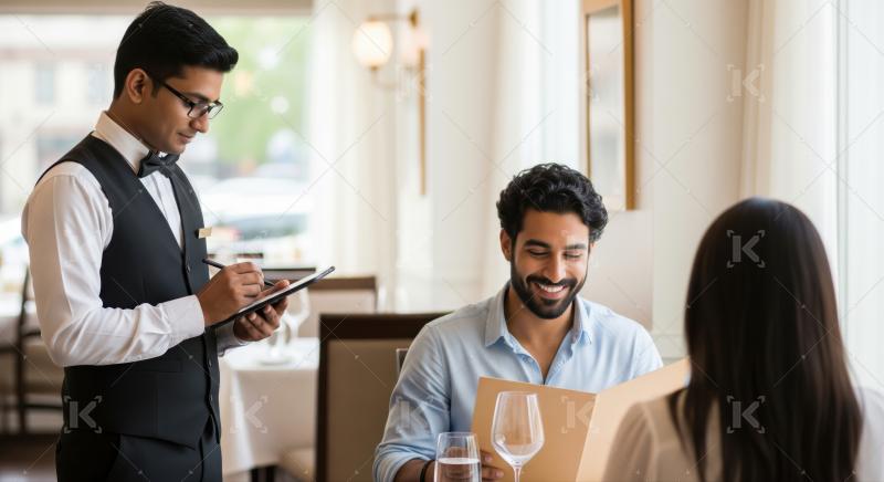 Attentive waiter expertly taking an order from happy restaurant guests.