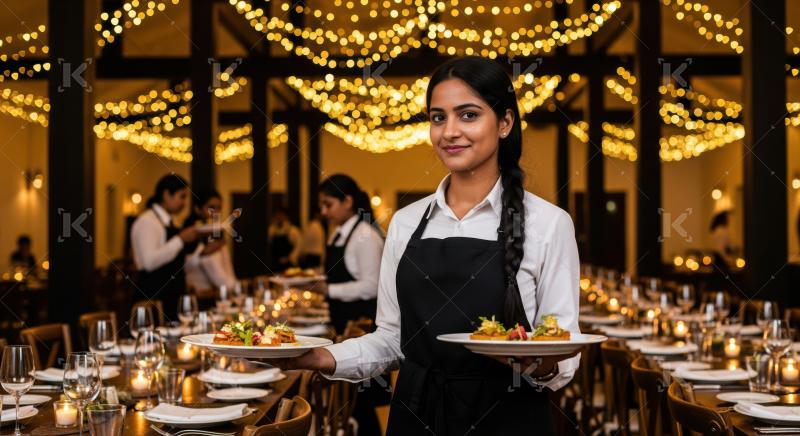 Professional server presents delicious appetizers in a warm, elegant restaurant.