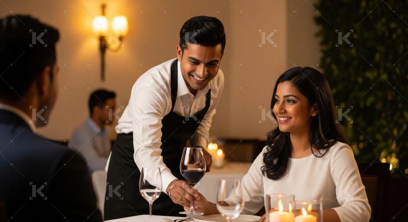 Smiling waiter pours red wine for a happy couple.