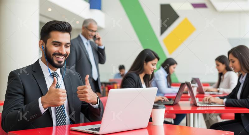 Confident young businessman happy working, giving thumbs up.