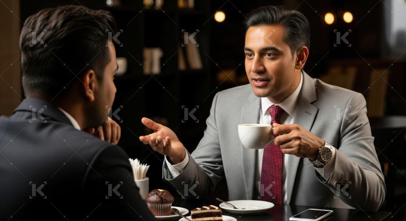 Professional men discussing strategy and ideas in a relaxed cafe setting.