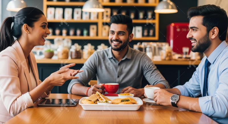 Three friends enjoy a lively conversation and coffee break.