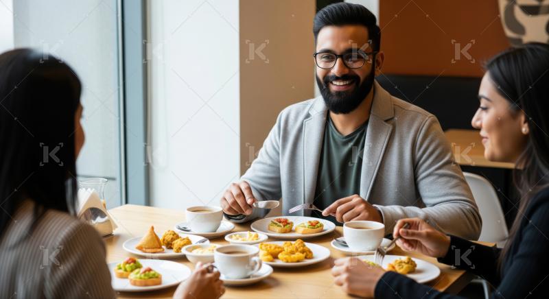 Friends having a delightful breakfast with coffee and various snacks.