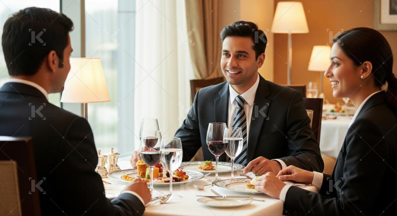 Three elegant professionals enjoy gourmet food and drinks together.