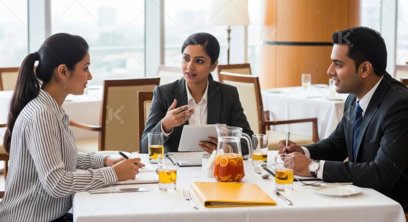 Three diverse colleagues collaborate professionally during a focused business restaurant meeting.
