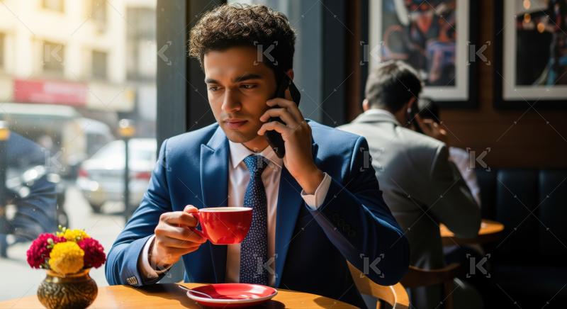 Focused young man having coffee, talking on phone in cafe.