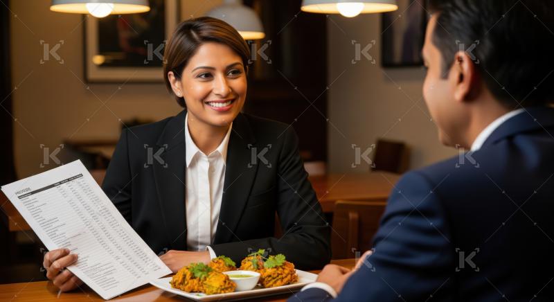 Professionals collaborating on a project over lunch in a restaurant.