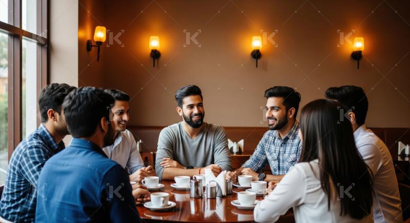 Friends enjoy conversation and coffee at a cozy cafe.