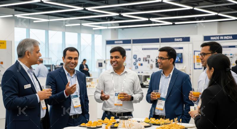 Indian professionals engaging in lively conversation and networking at a business event.