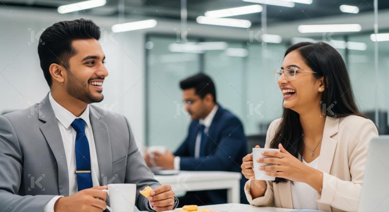 Two smiling professionals happily share a casual conversation and coffee break.