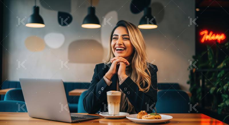 Young woman happily working remotely in a modern cafe environment.