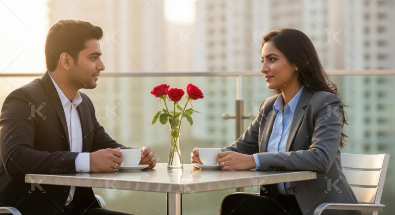 Two professionals enjoy coffee and conversation with roses outdoors.