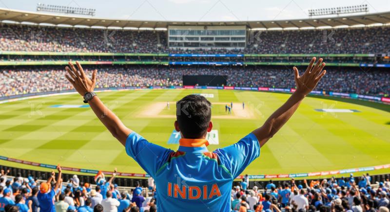 A passionate fan cheers for India at a cricket match.
