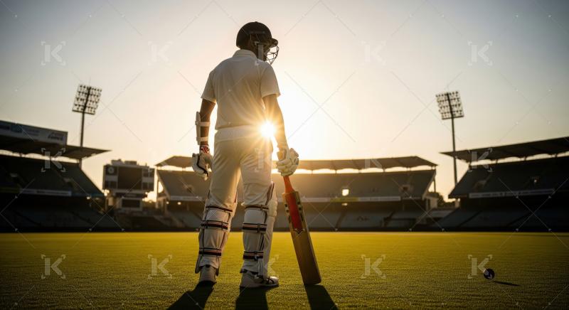 Professional athlete ready to play cricket in stadium during sunset.