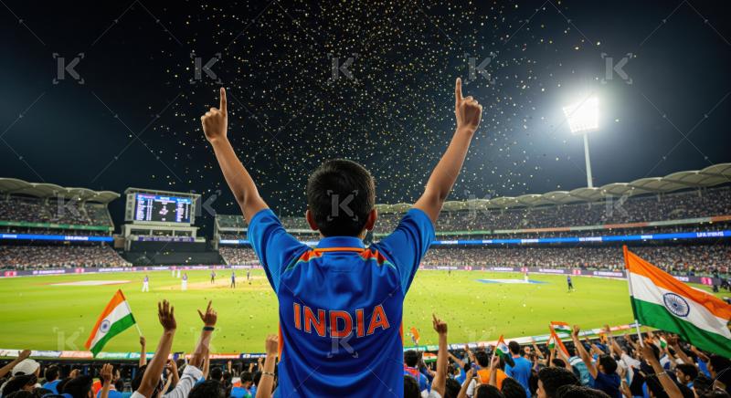 Joyful Indian supporter celebrates victory at a vibrant cricket match.