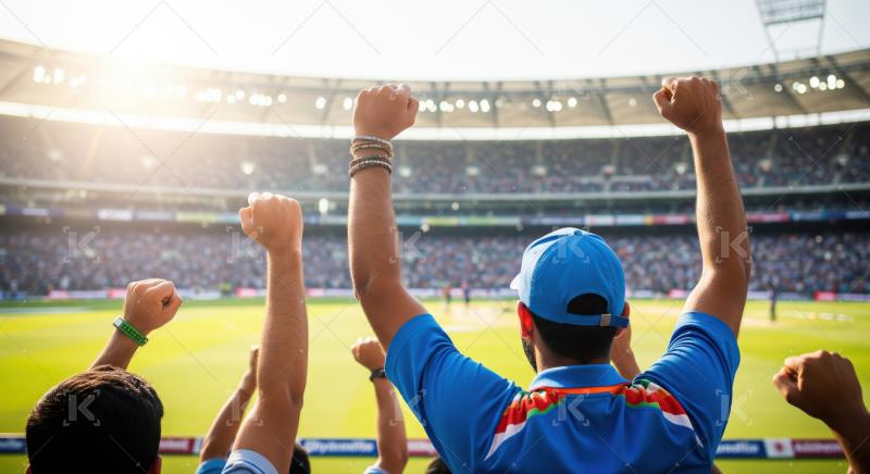 Passionate fans celebrating victory in a vibrant cricket stadium.