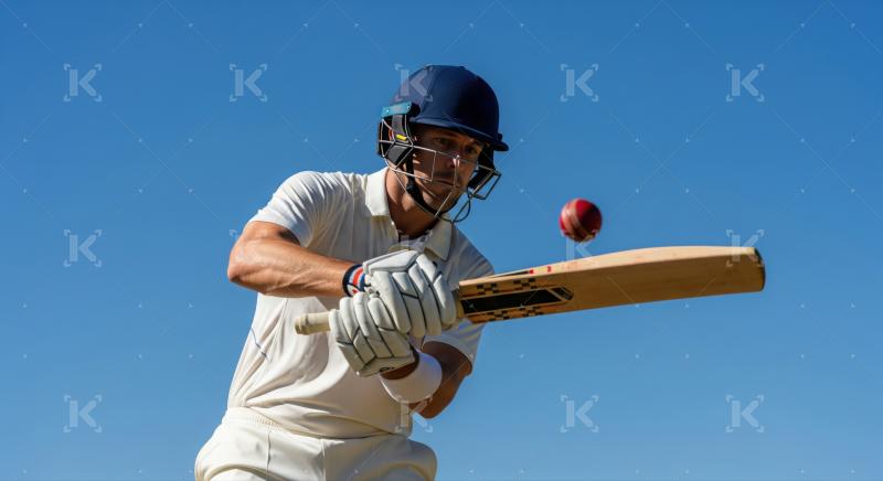 Professional cricketer hits red ball against clear blue sky.