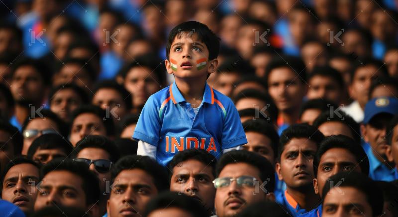 Patriotic Indian boy in blue jersey watches a sporting event.