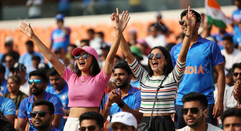 Two excited women fans cheer enthusiastically during a thrilling cricket match.