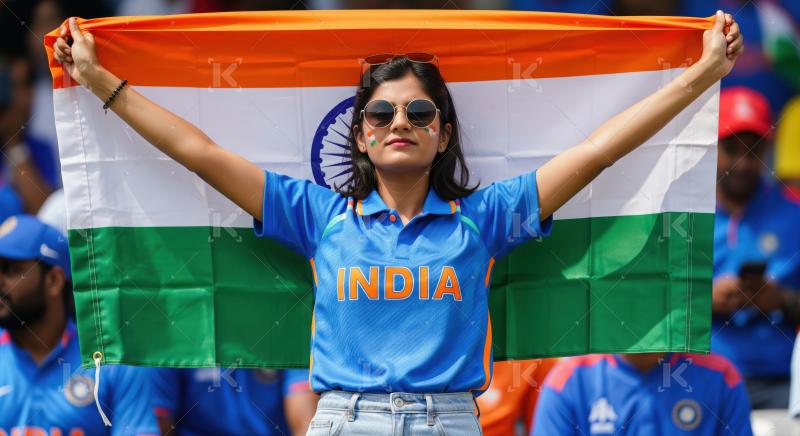 Young woman proudly holds Indian flag at sports match.