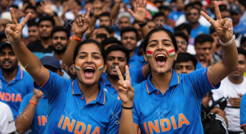 Excited Indian cricket fans cheering vibrantly in a packed stadium.