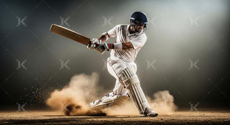 Focused male cricketer in powerful batting action on field.