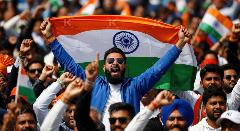 Enthusiastic man holds Indian flag among a cheering patriotic crowd.