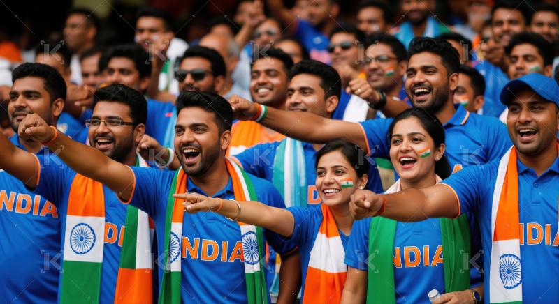 Enthusiastic crowd of Indian supporters celebrate with national pride.