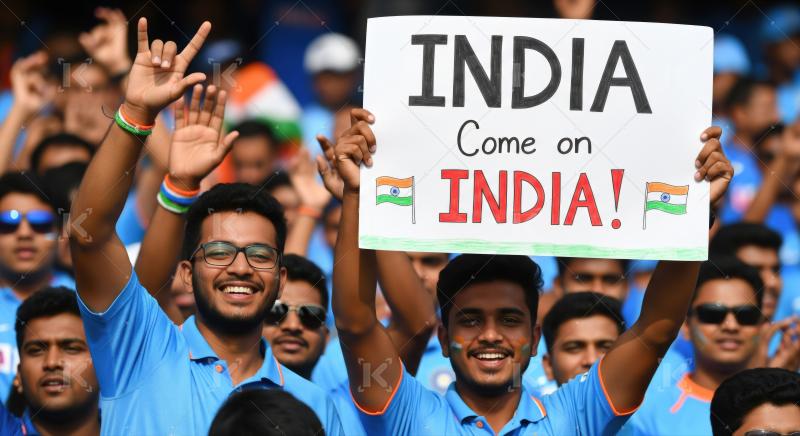 Enthusiastic Indian fans energetically support their national team at stadium.