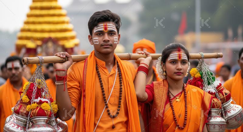 Young Indian Pilgrims Carrying Sacred Offerings During Religious