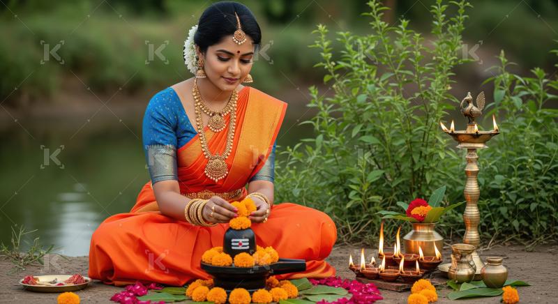 Devotional Hindu Woman Performing Pooja Ritual with Shiva Lingam