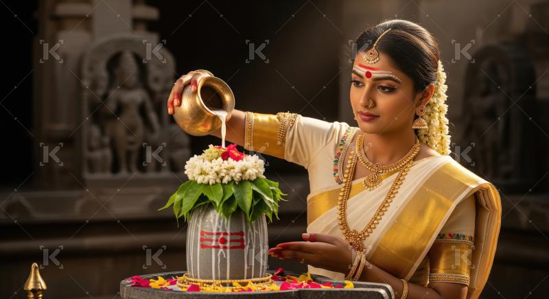 South Indian Woman Performing Sacred Pooja Ceremony to Shiva Lin