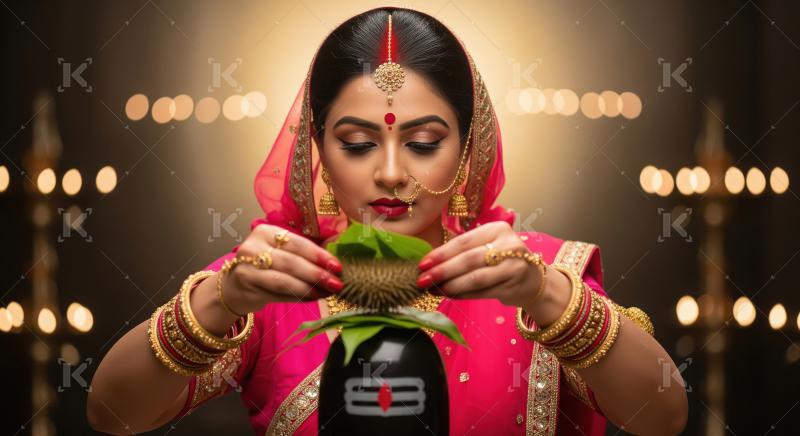Indian Woman Performing Shiva Puja Ritual with Devotional Sereni