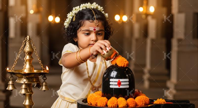 Little Indian Girl Performing Sacred Shiva Lingam Puja Ceremony