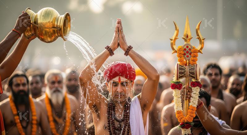 Hindu Priest Performs Sacred Water Purification Ritual with Tris