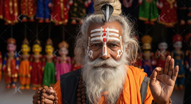 Indian Sadhu with Tilak and Rudraksha Beads amidst Colorful Pupp