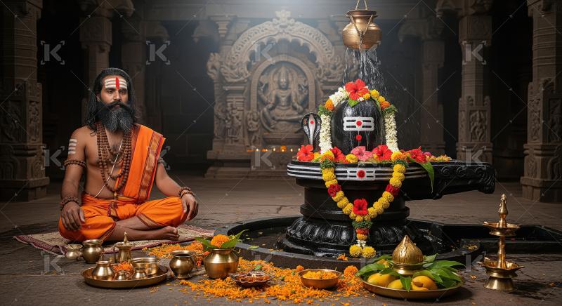 Sadhu Meditating with Shiva Lingam Puja in Ancient Temple