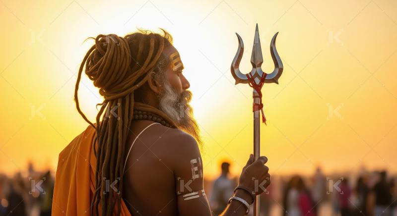 Indian Sadhu with Trident at Sunset