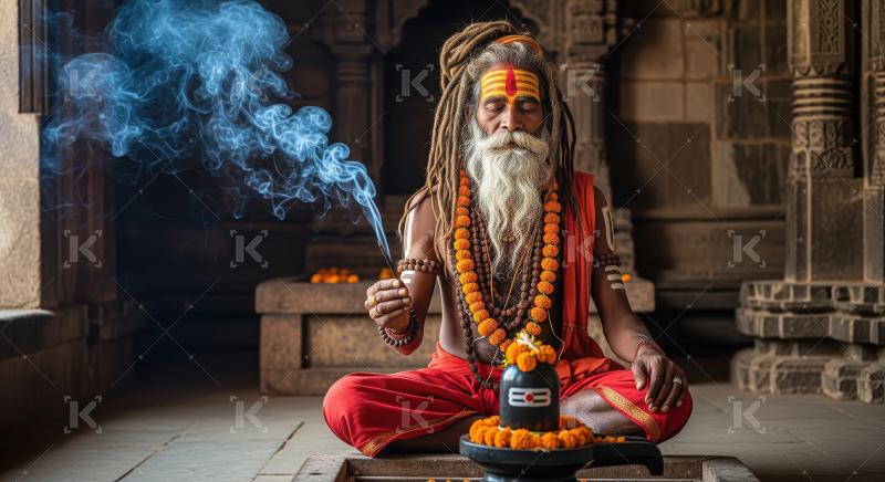 Elderly Hindu Sadhu Meditates with Incense in Ancient Temple