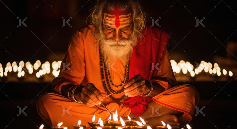 Indian Sadhu Lights Sacred Oil Lamps in Spiritual Ceremony
