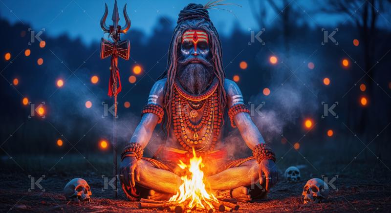 Mystical Shiva-like Sadhu Meditates by Fire with Skulls and Tris