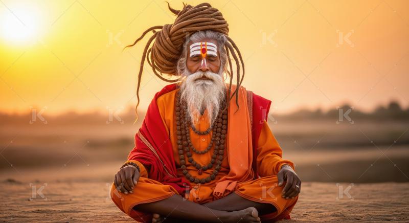 Old Indian Sadhu Meditates at Sunset in Saffron Robes