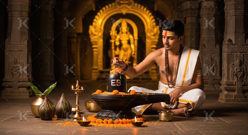 Hindu Devotee Performing Sacred Ritual Offering Flowers to Shiva