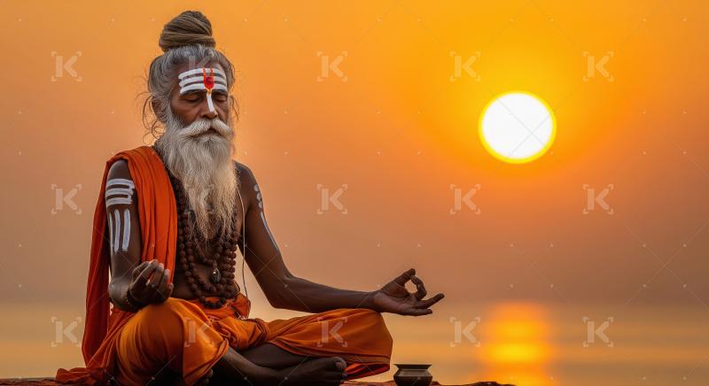 Indian Sadhu Meditating at Sunset, Spiritual Serenity