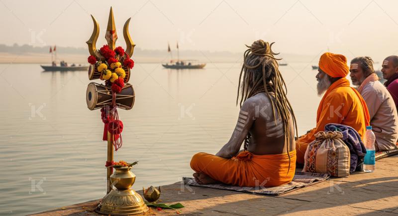 Sadhus Meditating by Holy Ganges River in Varanasi at Sunrise