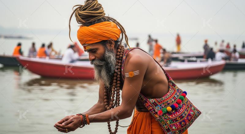 Indian Sadhu Performing Sacred Water Ritual by Holy River