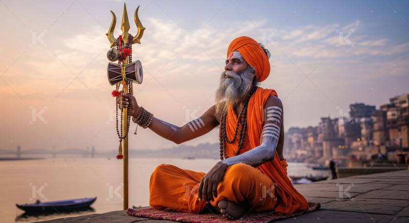 Sadhu Meditating by Ganges River at Sunset with Trishula