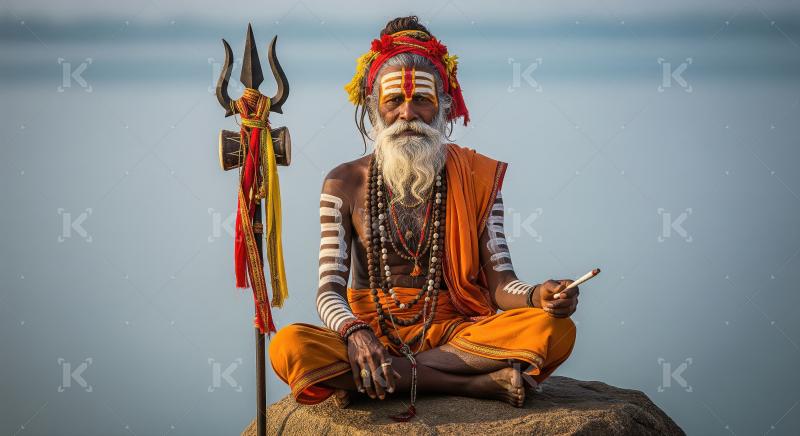 Indian Sadhu Meditating with Trishul and Damaru by Water