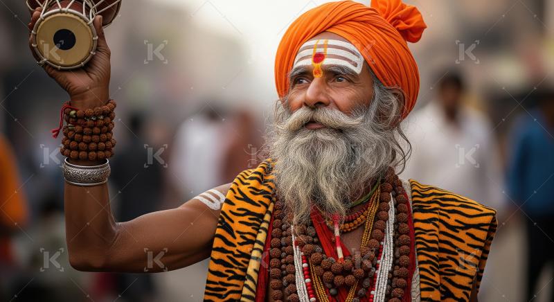 Wise Indian Sadhu with Damaru and Traditional Markings